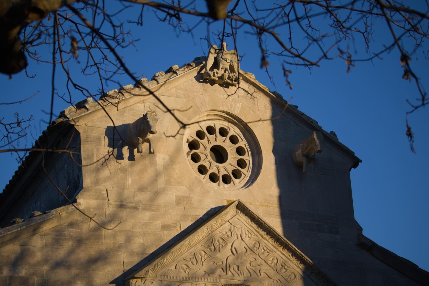 The rose window of a stone church against a deep blue sky, framed by bare branches